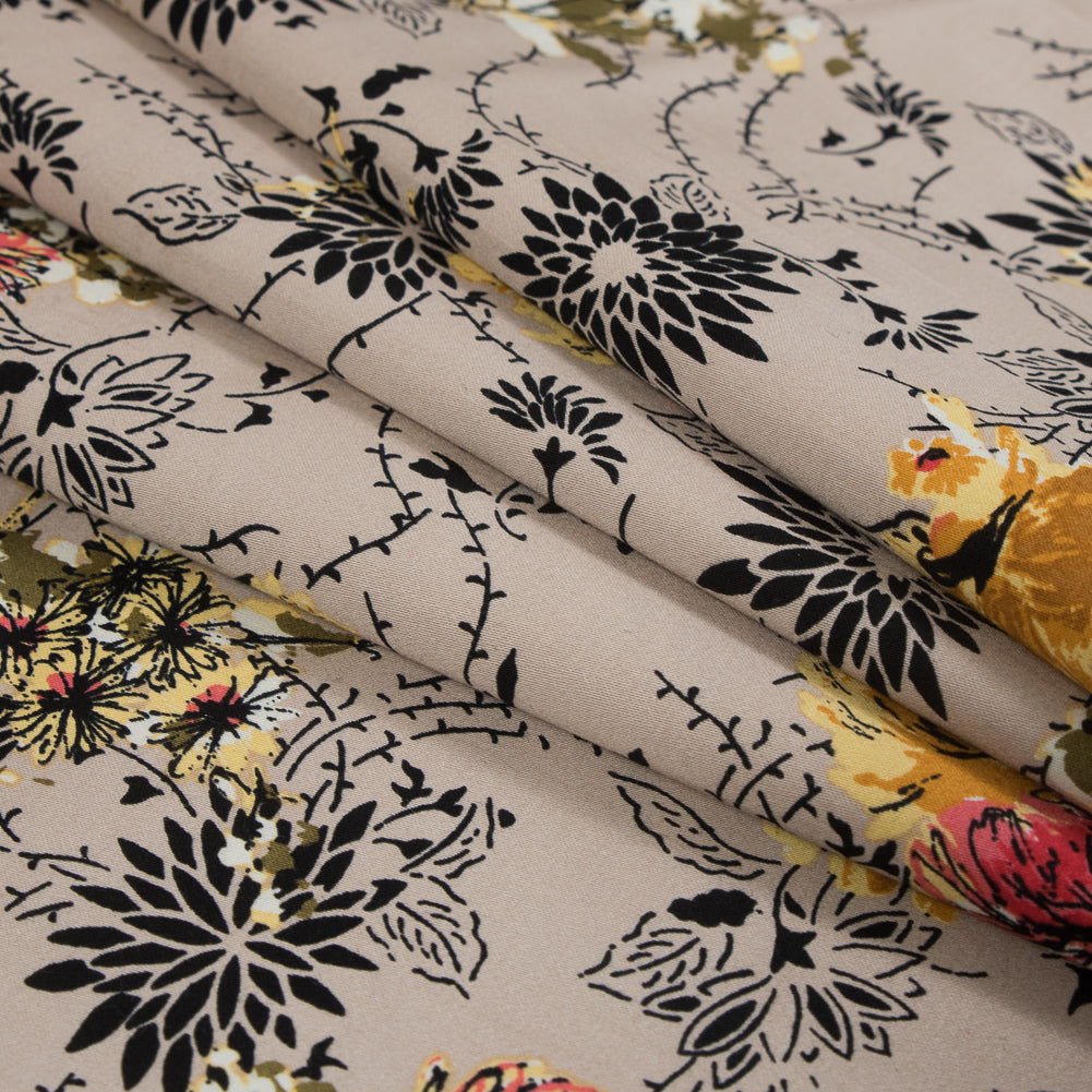 Taupe Floral Stretch Cotton Sateen Folded