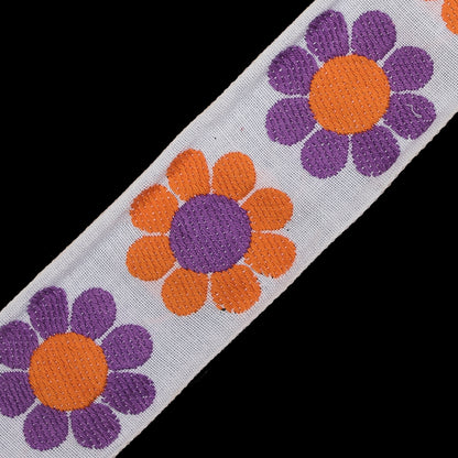 Orange, Purple and White Floral Jacquard Ribbon - 2" Detail