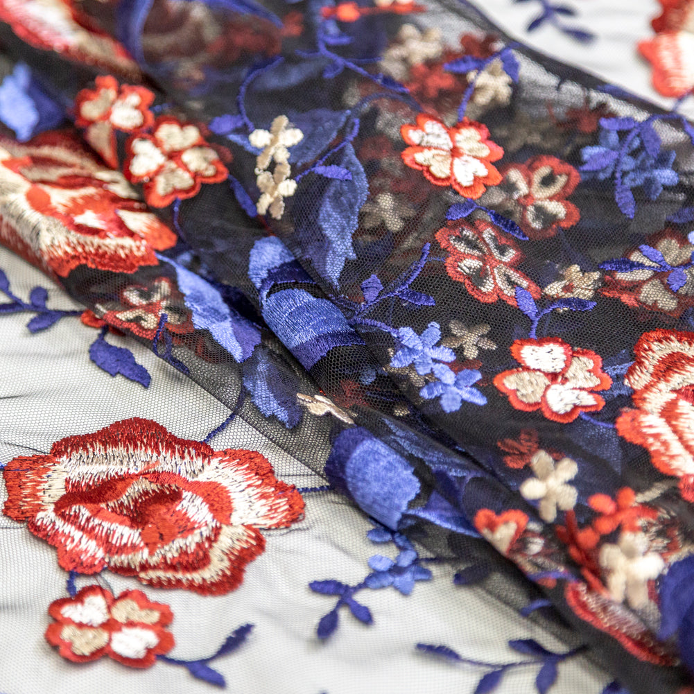 Red, White and Blue Floral Embroidered Mesh Folded