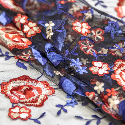 Red, White and Blue Floral Embroidered Mesh Folded