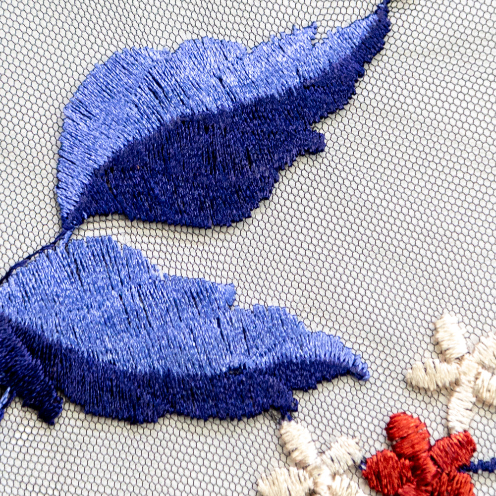 Red, White and Blue Floral Embroidered Mesh Detail