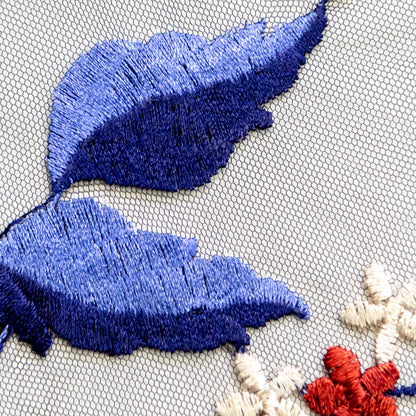 Red, White and Blue Floral Embroidered Mesh Detail