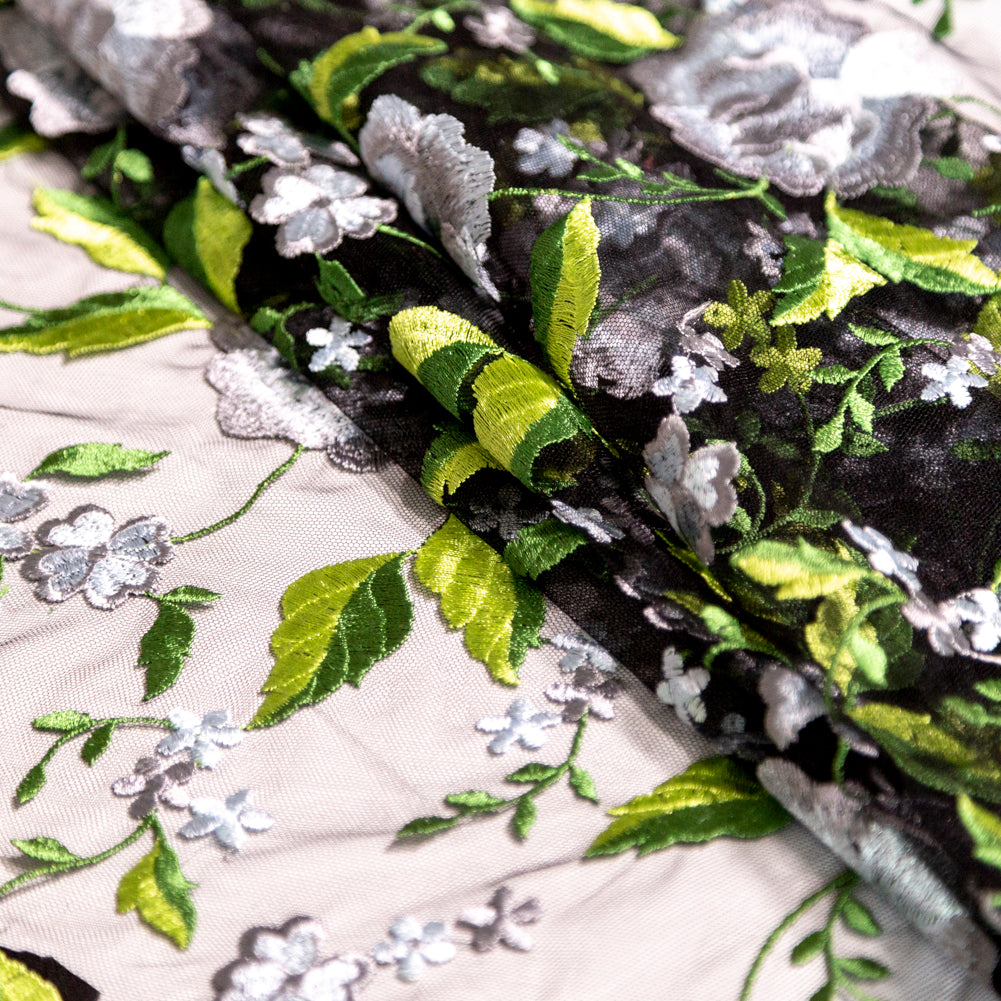 Green and Gray Floral Embroidered Mesh Detail