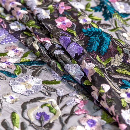 Black, Pink and Green Floral Embroidered Mesh Detail