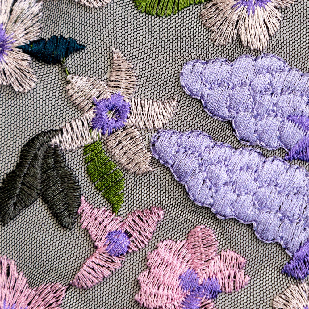 Black, Pink and Green Floral Embroidered Mesh Full