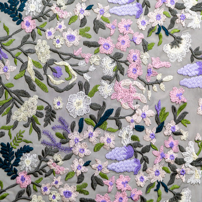 Black, Pink and Green Floral Embroidered Mesh