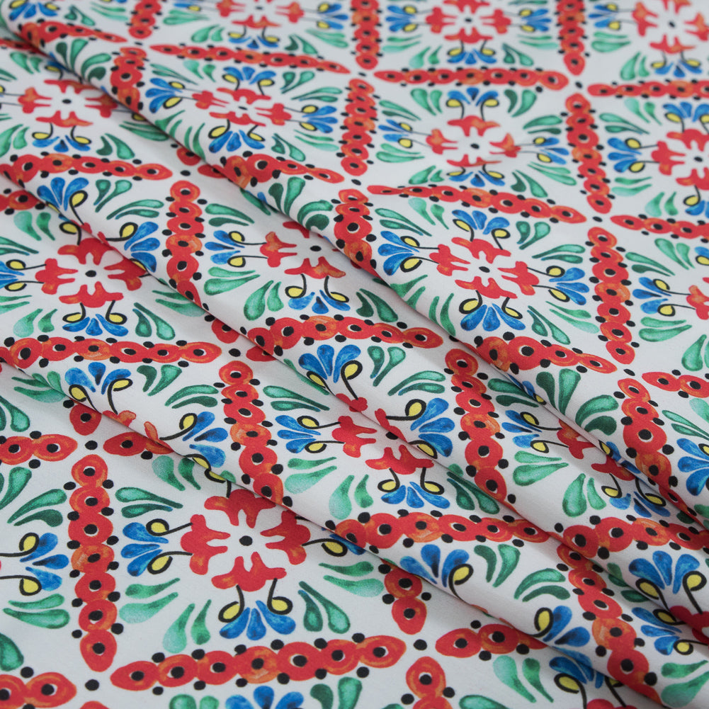 Orange, Green and Blue Diamond Floral Printed Stretch Twill Cotton Folded