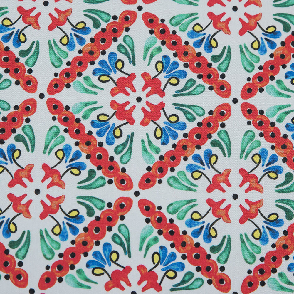 Orange, Green and Blue Diamond Floral Printed Stretch Twill Cotton Detail