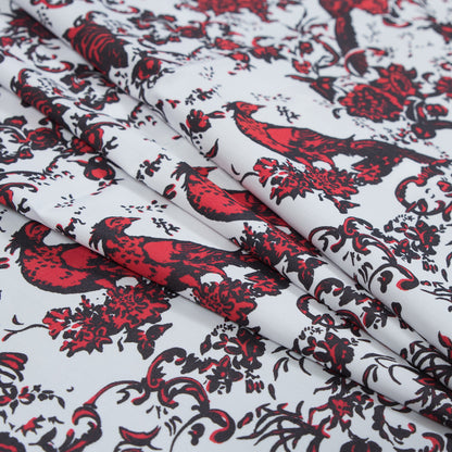 Red, White and Black Bird of Paradise Printed Stretch Cotton Shirting Folded
