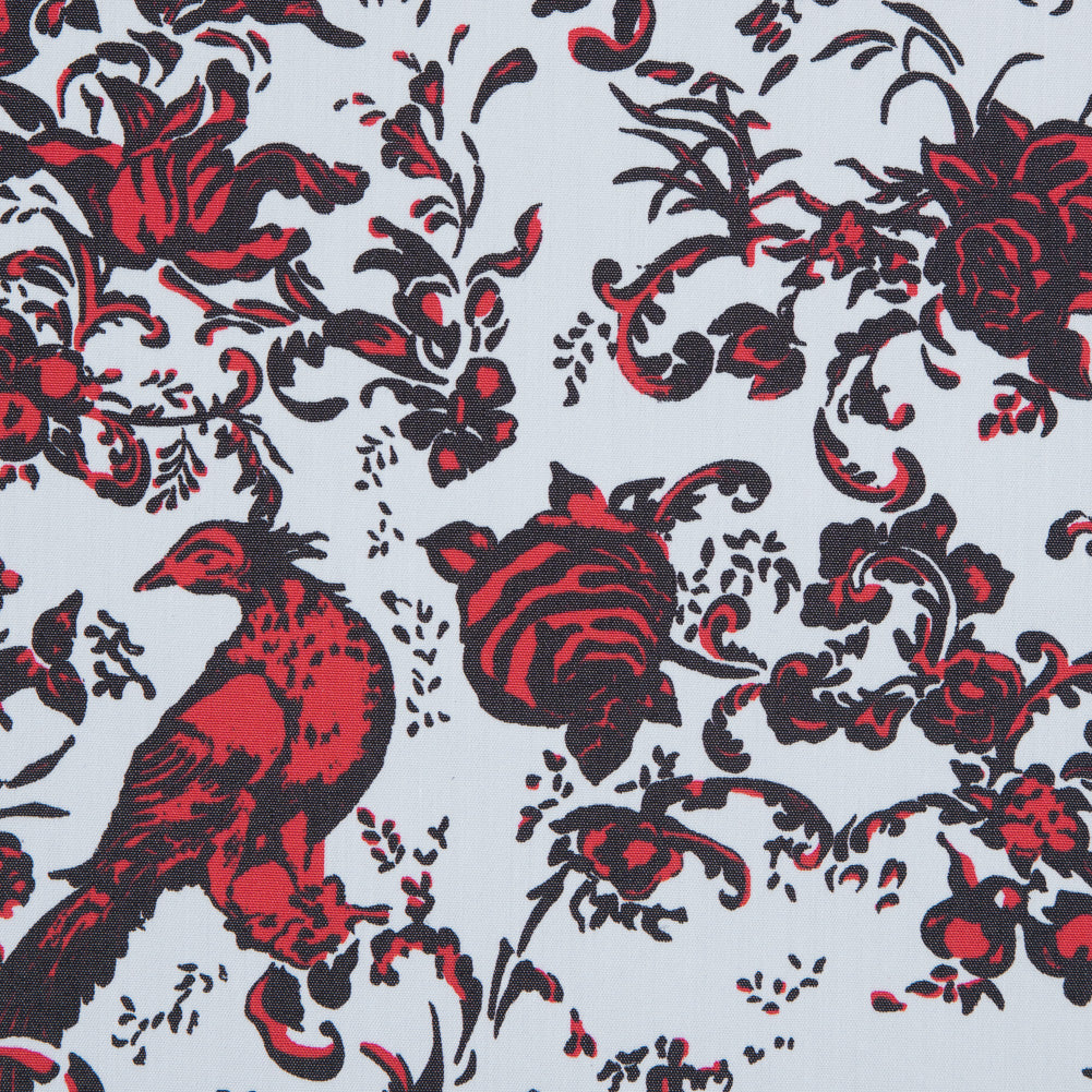 Red, White and Black Bird of Paradise Printed Stretch Cotton Shirting Detail