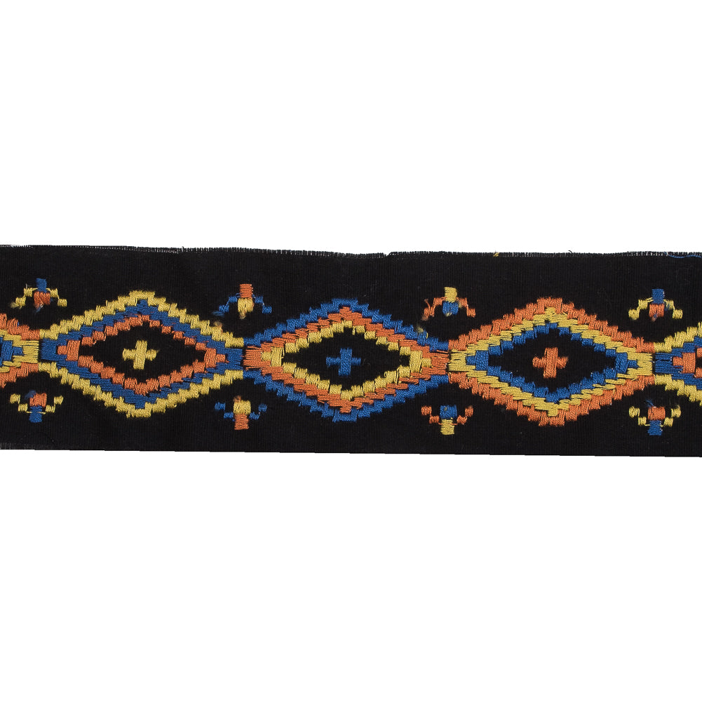 Black Woven Trim with a Multicolor Embroirdered Design - 2" Detail