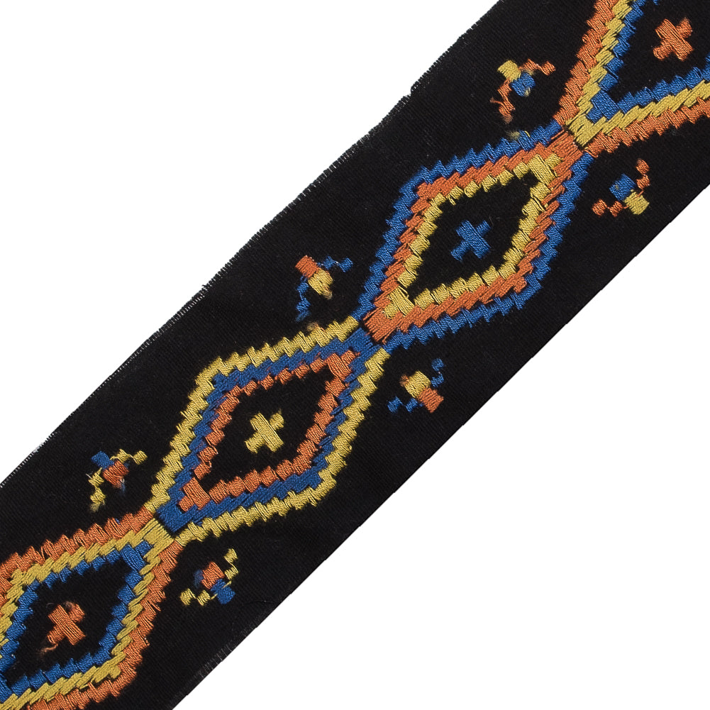Black Woven Trim with a Multicolor Embroirdered Design - 2" Full