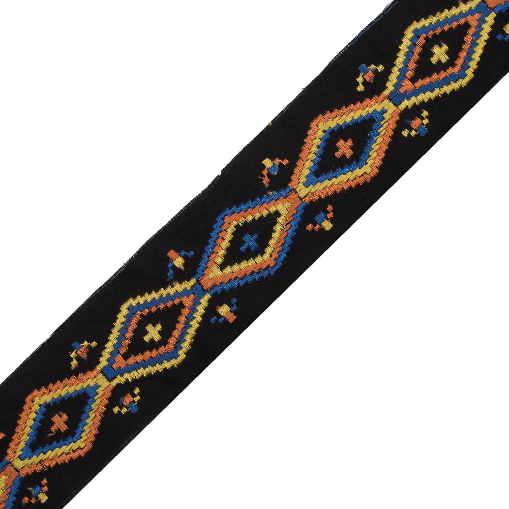 Black Woven Trim with a Multicolor Embroirdered Design - 2"