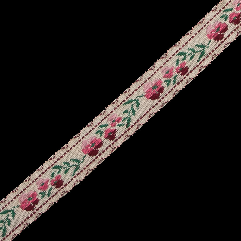 Pink, Burgundy and Beige Floral German Jacquard Ribbon - 0.5" Detail