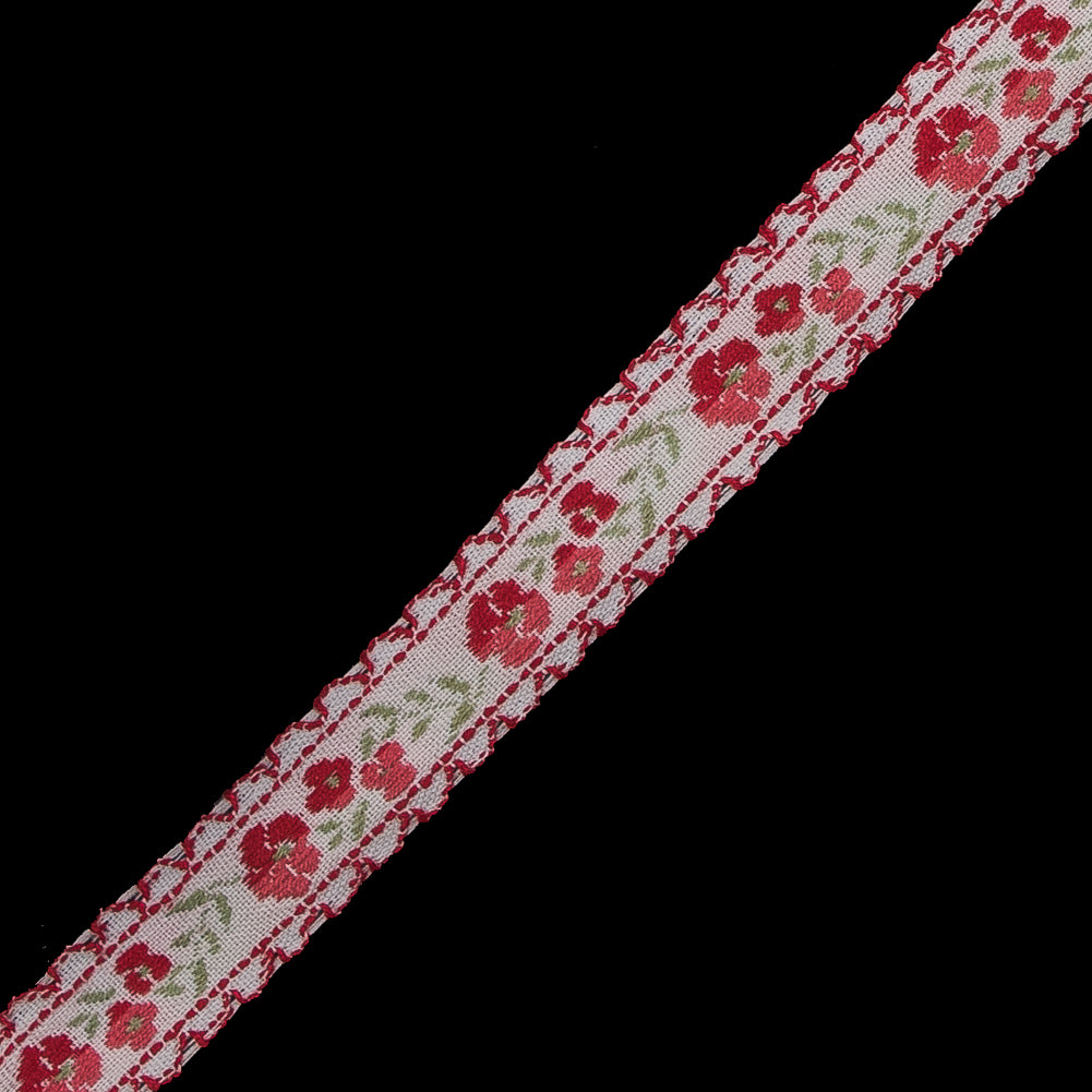 Red and Pale Gray Floral German Jacquard Ribbon - 0.5" Detail