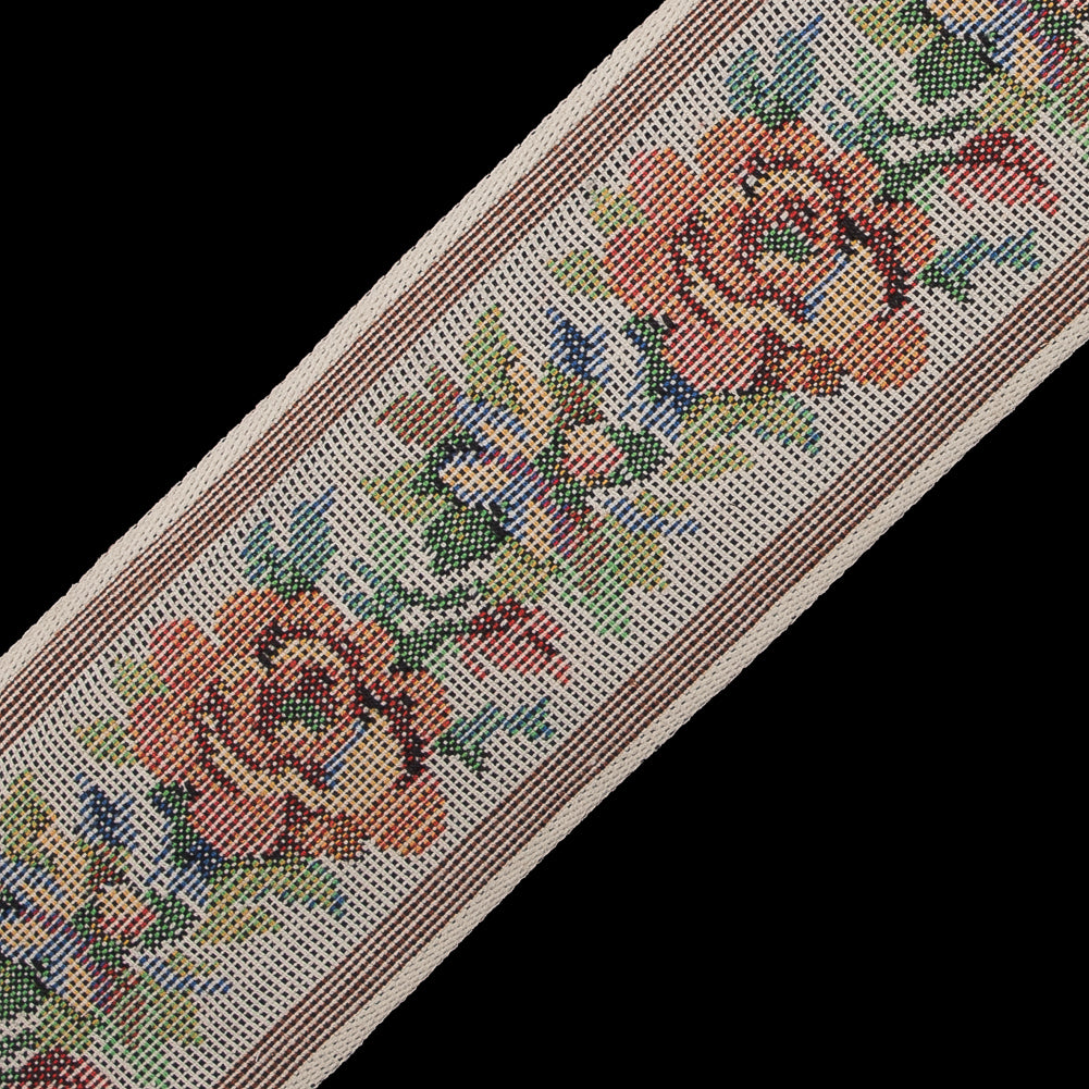 Orange and Beige Muted Floral Jacquard Ribbon - 2.25" Detail