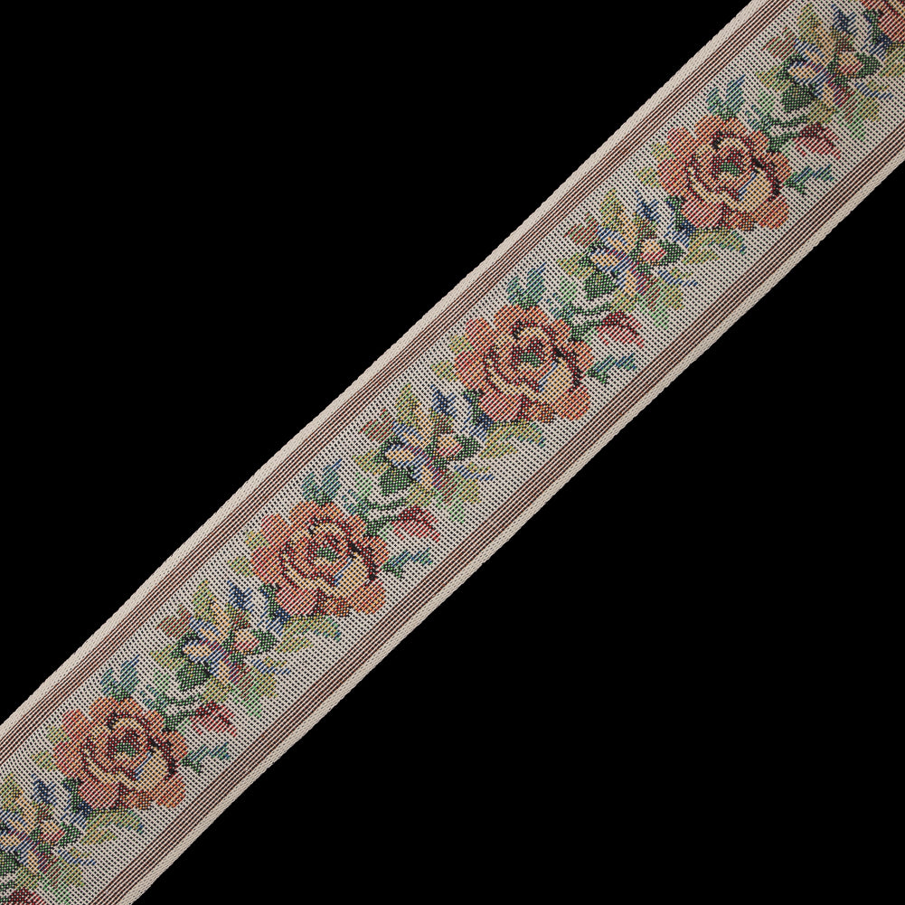 Orange and Beige Muted Floral Jacquard Ribbon - 2.25"