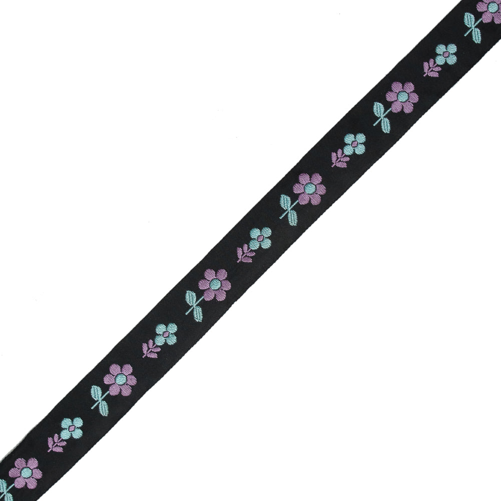 Black, Blue and Purple Floral Jacquard Ribbon - 0.875"