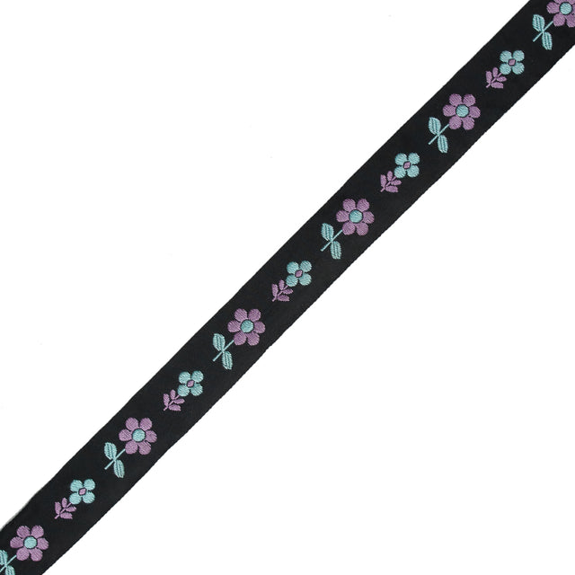 Black, Blue and Purple Floral Jacquard Ribbon - 0.875"