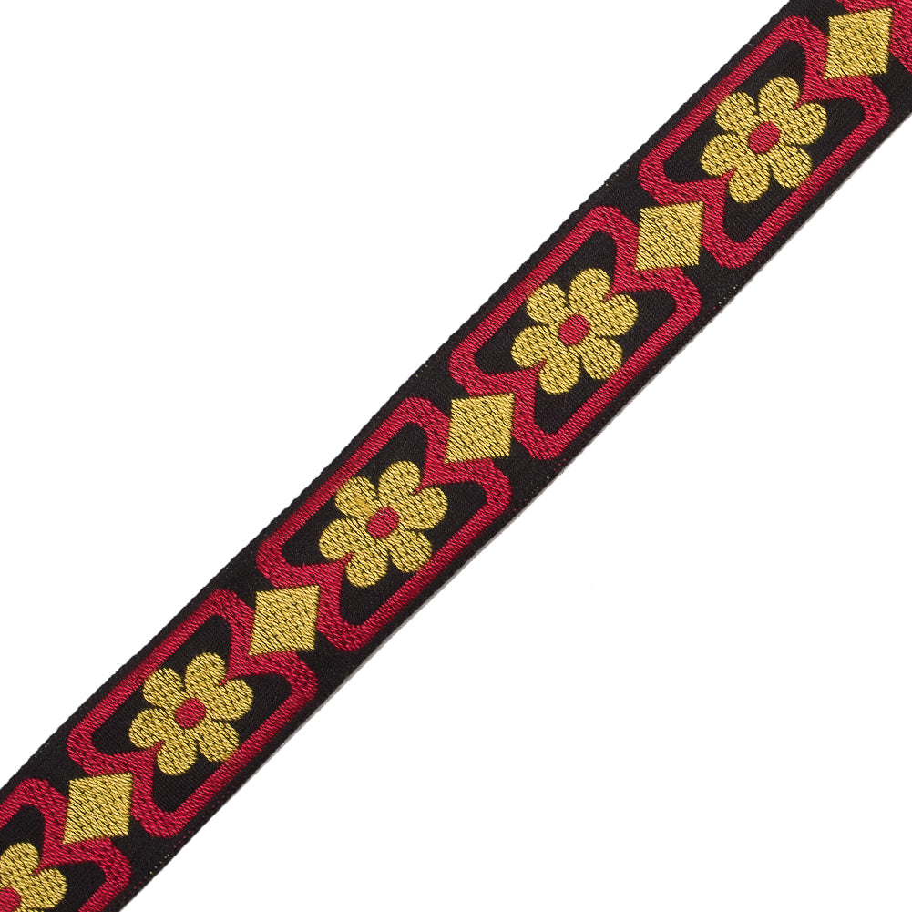 Red, Yellow and Black Floral German Jacquard Ribbon - 1" Detail