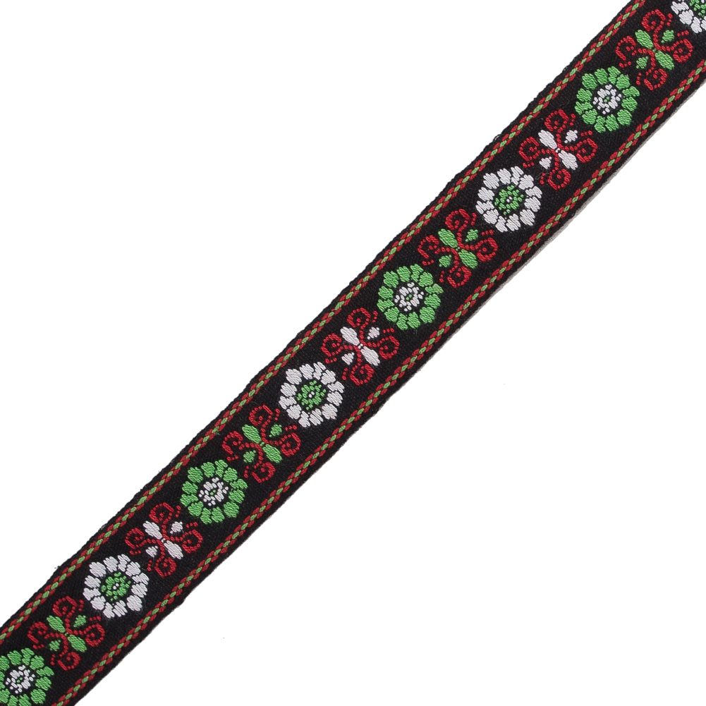 Green and Red Floral German Jacquard Ribbon - 0.75" Detail