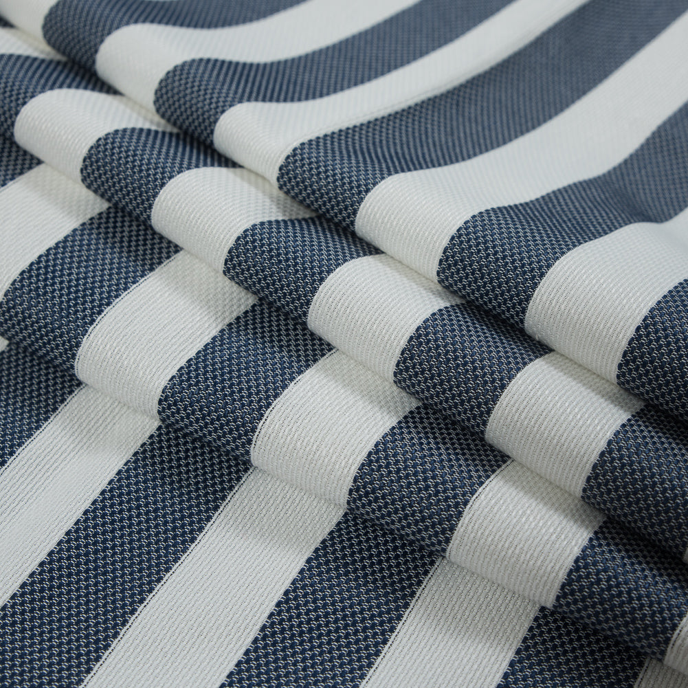 Navy and White Awning Striped Cotton and Acetate Tweed Folded