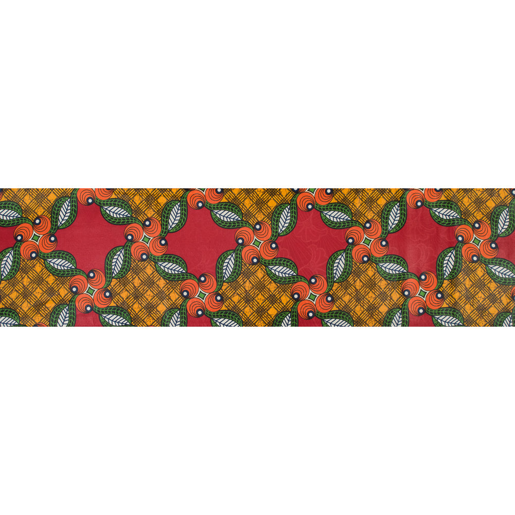 Red, Orange and Green Waxed Cotton African Print with additional Inlaid Pattern Full