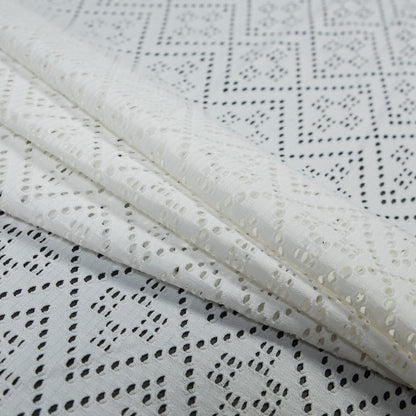 Italian White Geometric Crochet Knit with Fringe Selvages Detail