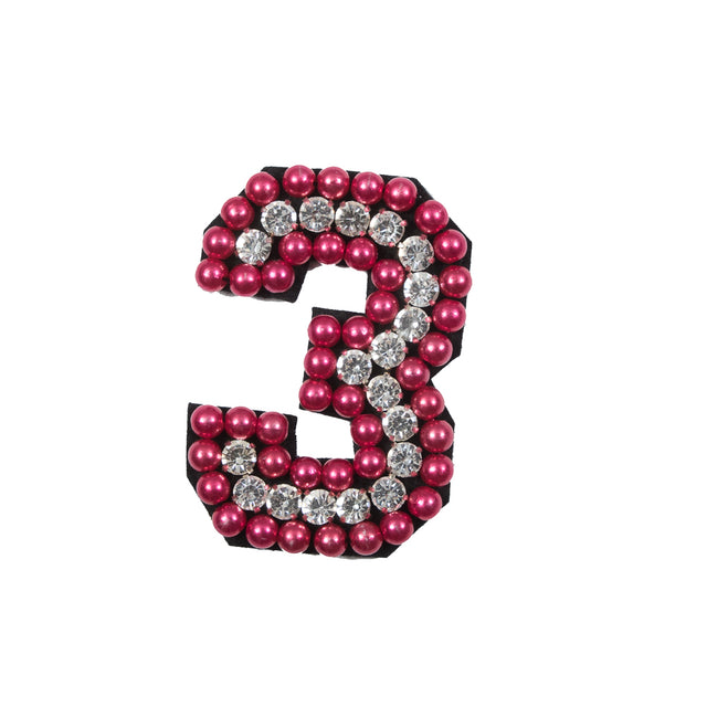 Italian Number 3 Patch with Pink Pearls and Rhinestones - 2.75" x 2"