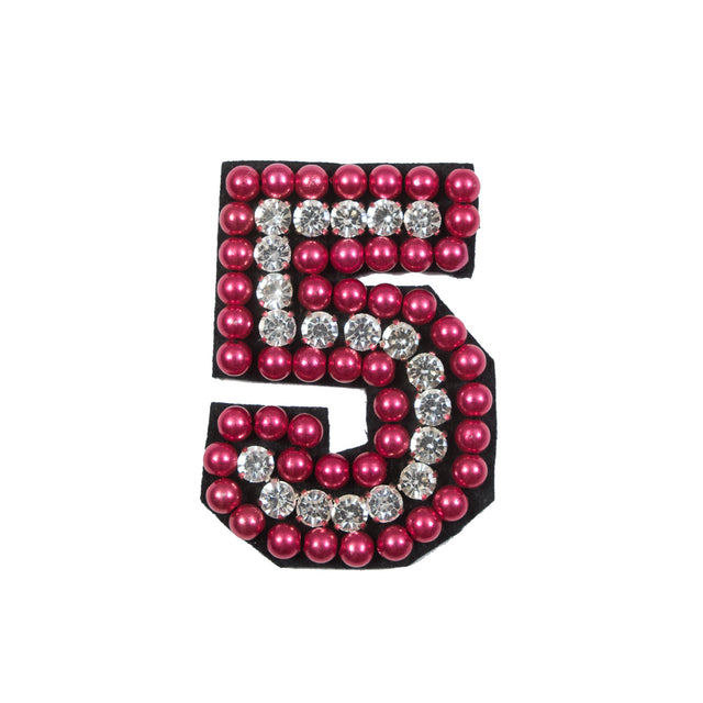 Italian Number 5 Patch with Pink Pearls and Rhinestones- 2.75" x 2"