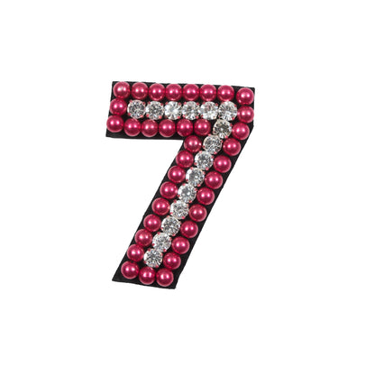 Italian Number 7 Patch with Pink Pearls and Rhinestones- 2.75" x 2"