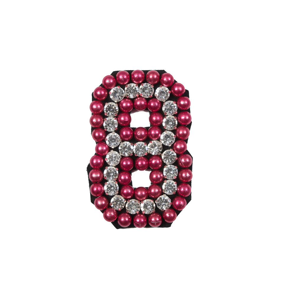 Italian Number 8 Patch with Pink Pearls and Rhinestones- 2.75" x 2"