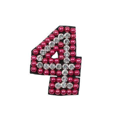 Italian Number 4 Patch with Pink Pearls and Rhinestones- 2.75" x 2"