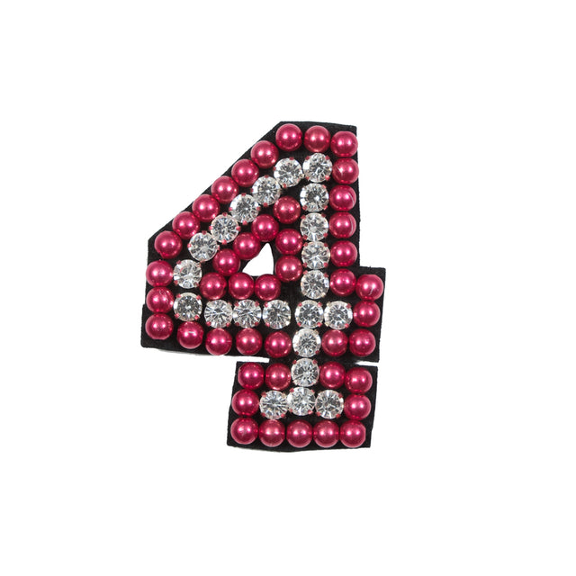Italian Number 4 Patch with Pink Pearls and Rhinestones- 2.75" x 2"