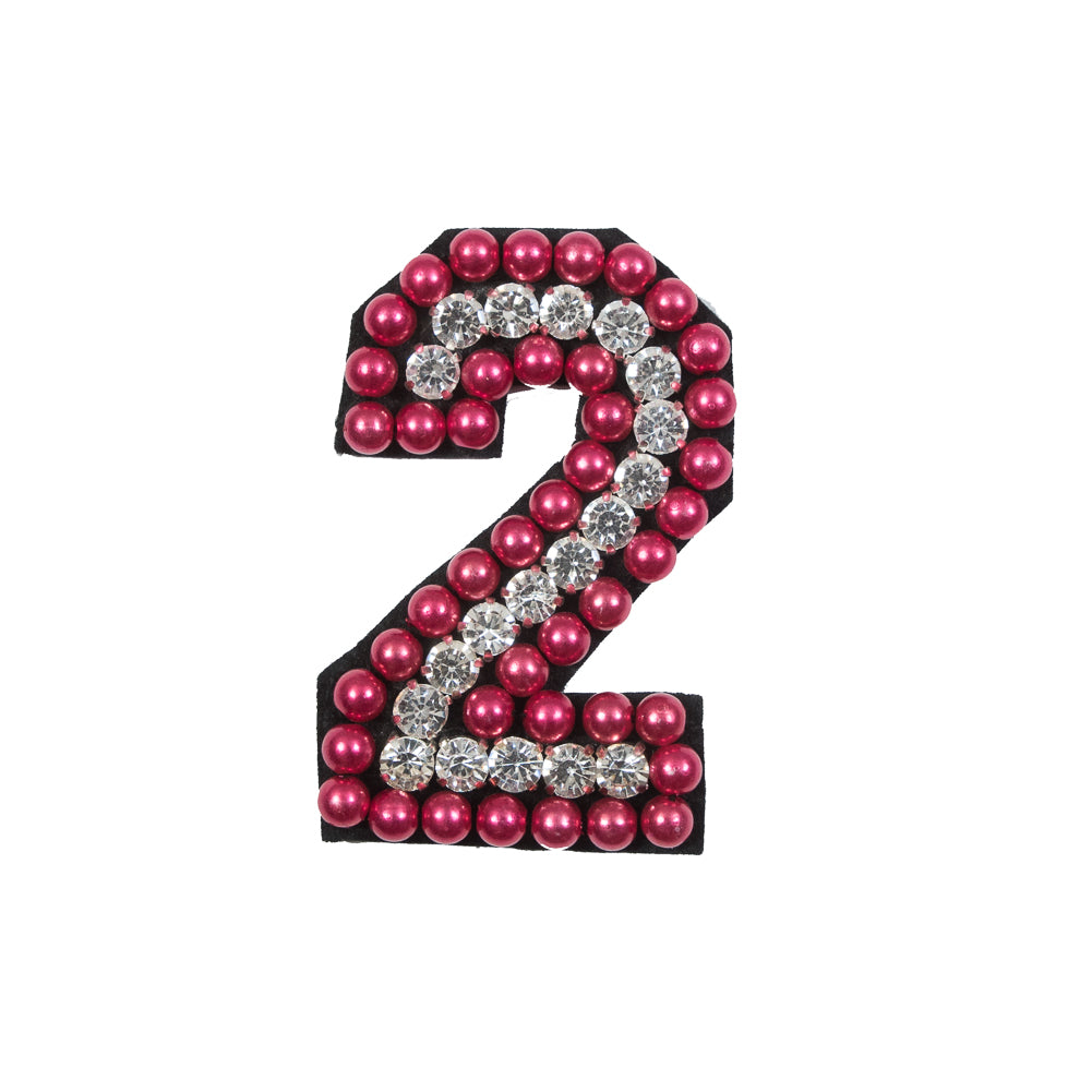Italian Number 2 Patch with Pink Pearls and Rhinestones- 2.75" x 2"