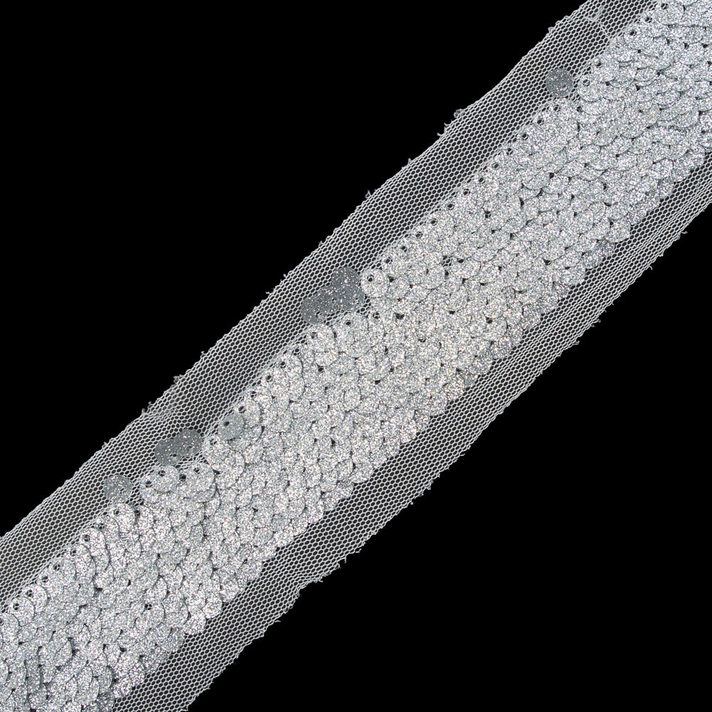 Silver Sequins on White Mesh Trim - 1.25" Detail
