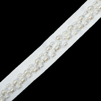 White Grosgrain & White Pearl Beaded Trim - 1.25" Detail