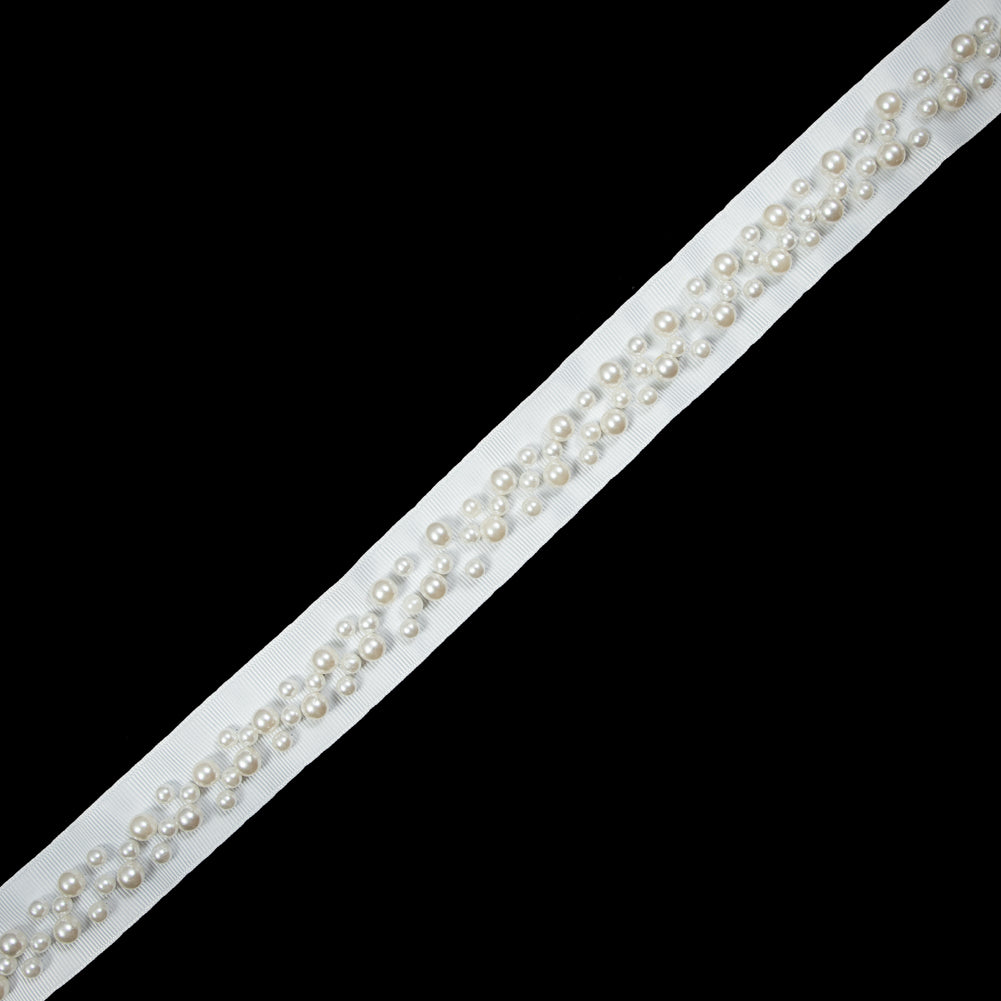 White Grosgrain & White Pearl Beaded Trim - 1.25"