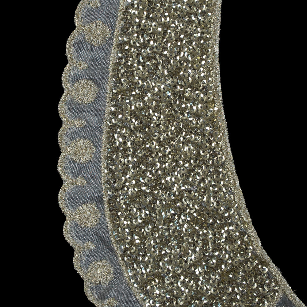 Italian Gold Sequin Embroidered Organza Left Applique - 3" x 8" Detail