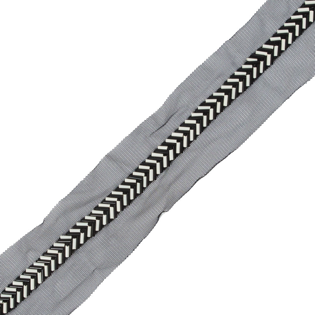 Italian Black and White Chevron Beaded Applique - 12" x 0.5" Detail