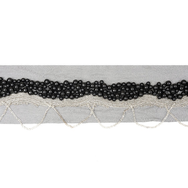 Italian Black Beaded Mesh Trimming with Silver Metal Chains - 3.5"