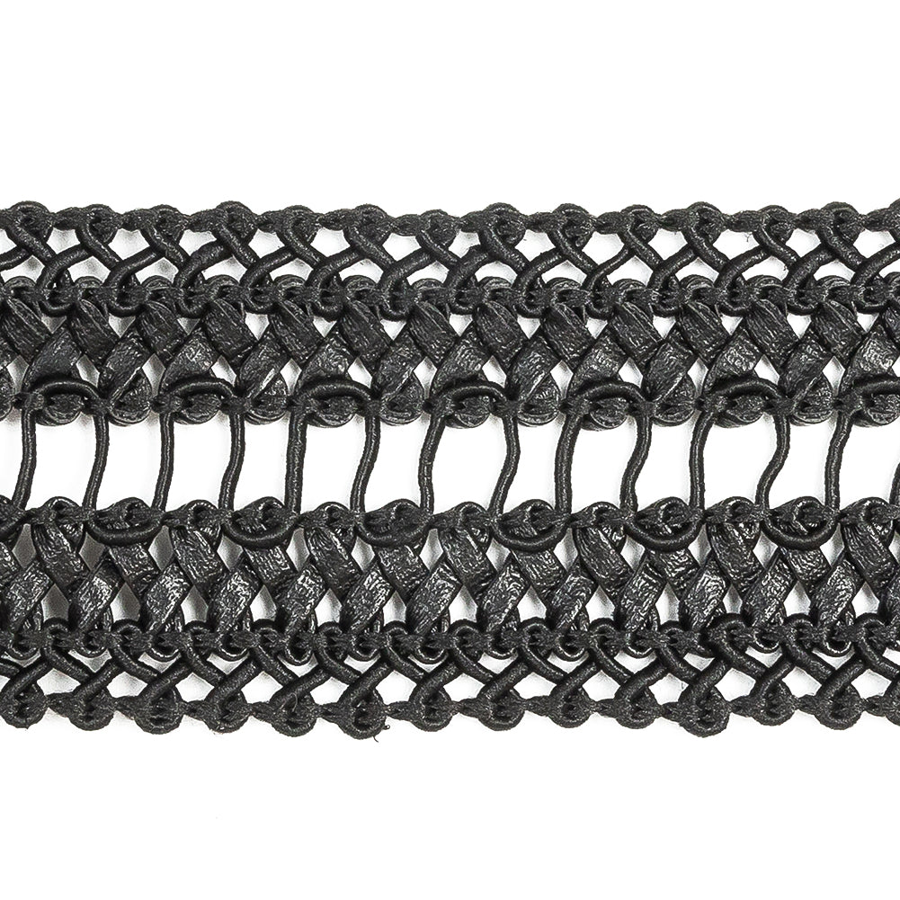 Italian Black Braided Faux Leather Trim - 1.5" Detail