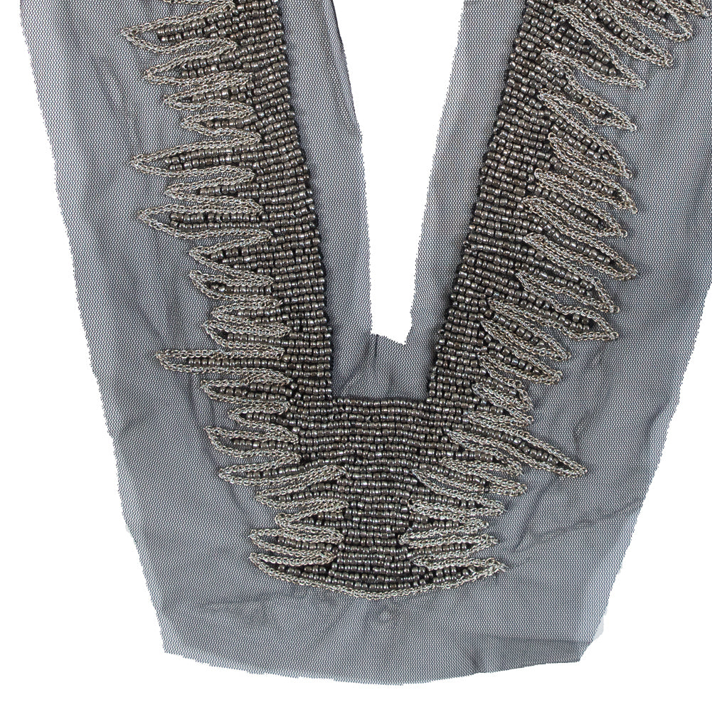 Italian Gunmetal Beaded Neckline Applique on Black Mesh - 13" x 1.5" Detail