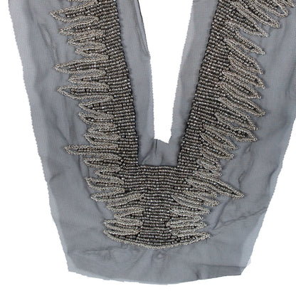 Italian Gunmetal Beaded Neckline Applique on Black Mesh - 13" x 1.5" Detail