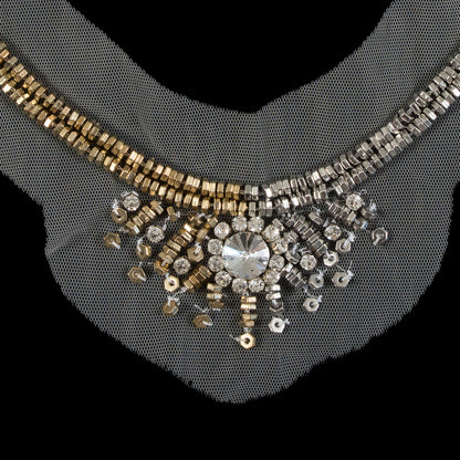 Italian Silver and Gold Beaded Rhinestone Neckline Applique on White Mesh Detail