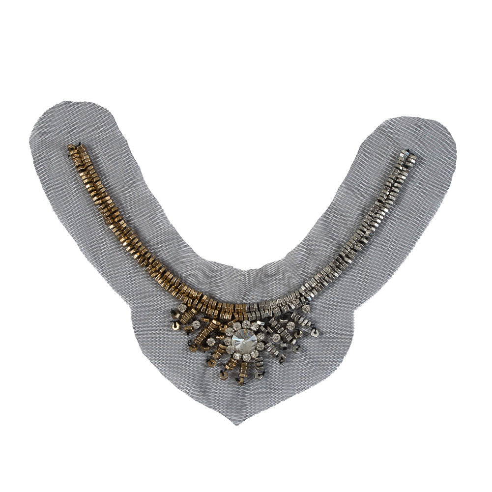 Italian Silver and Gold Beaded Rhinestone Neckline Applique on Black Mesh