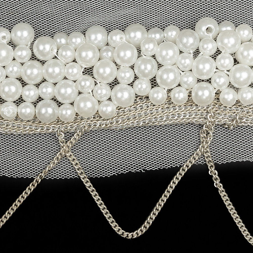 Italian White Beaded Mesh Trimming with Silver Metal Chains - 3.5" Detail