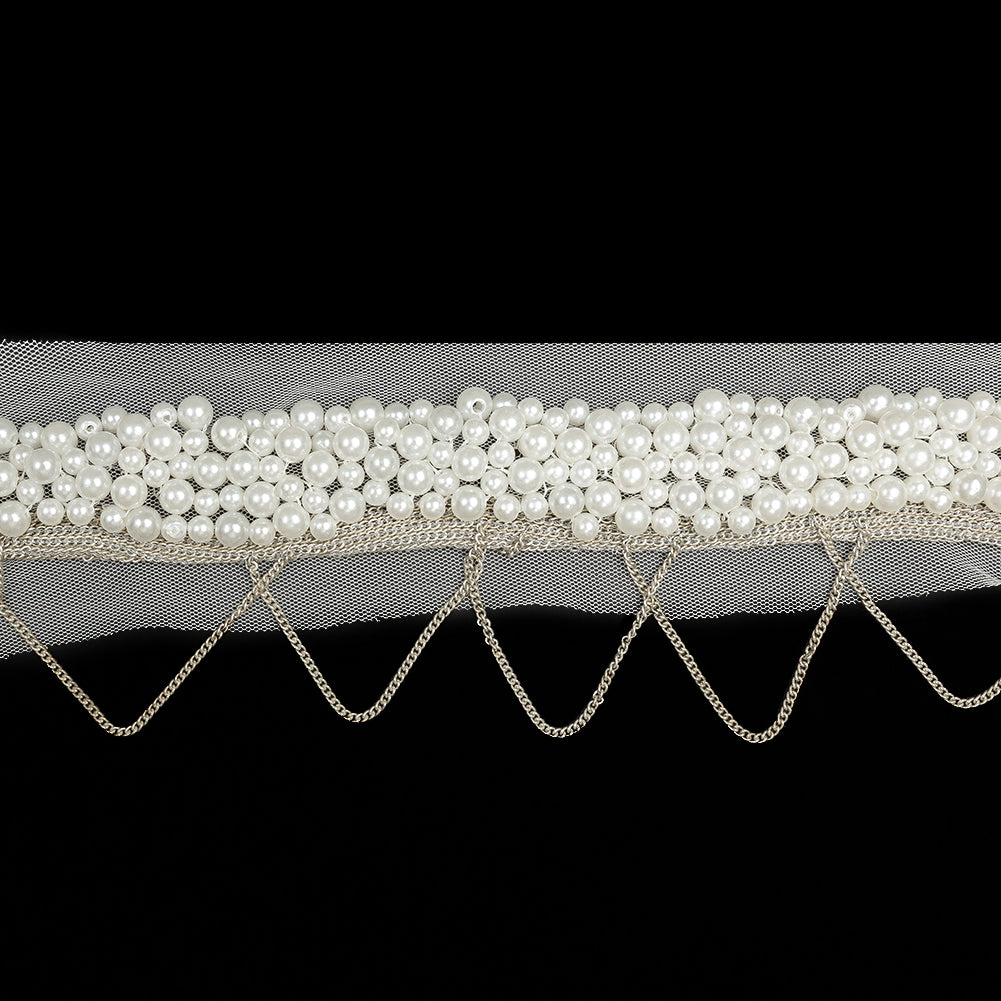 Italian White Beaded Mesh Trimming with Silver Metal Chains - 3.5