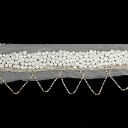 Italian White Beaded Mesh Trimming with Silver Metal Chains - 3.5"