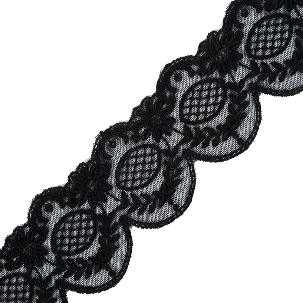 Black Scallop-Edged Embroidered Mesh - 2.5" Detail
